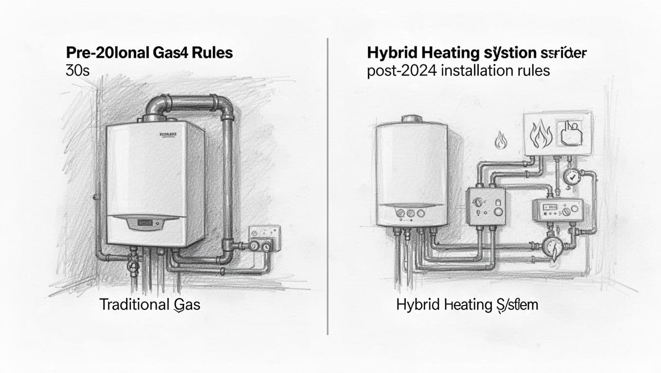 Hand-drawn monochromatic sketch side-by-side comparing traditional gas boiler under pre-2024 rules and hybrid heating system under stricter post-2024 rules, both with 30-year lifespan icons.