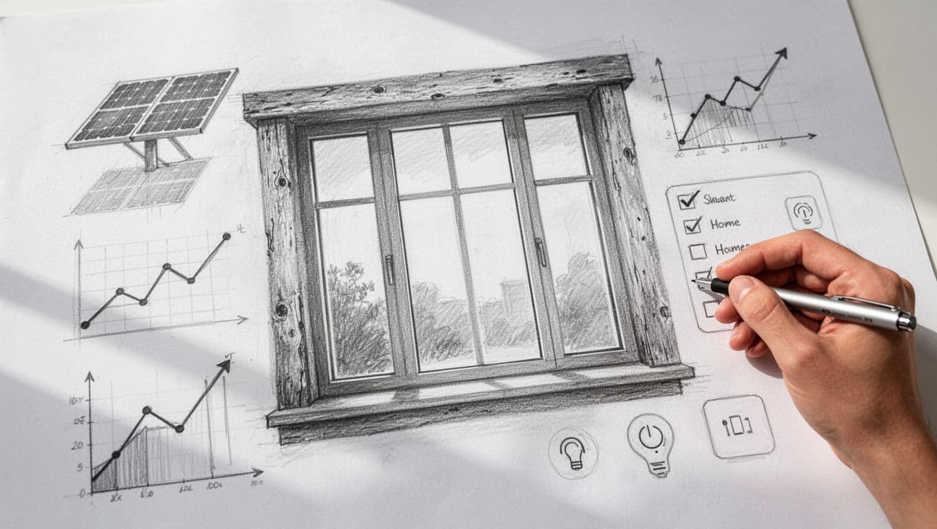Hand-drawn pencil sketch on white paper showing 2026 trends in Altbau window upgrades, featuring a modern triple-glazed window in an old wooden frame next to energy efficiency graphs, solar panels, smart home controls, and GEG compliance icons.