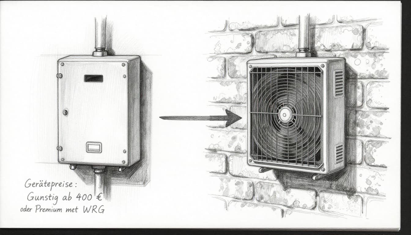 Hand-drawn graphite sketch on white paper showing a simple exhaust-only single room ventilation device (Abluftgerät) and premium model with heat recovery (WRG) side by side, installed flush in thick old brick walls of an Altbau, subtle arrows indicating airflow directions.