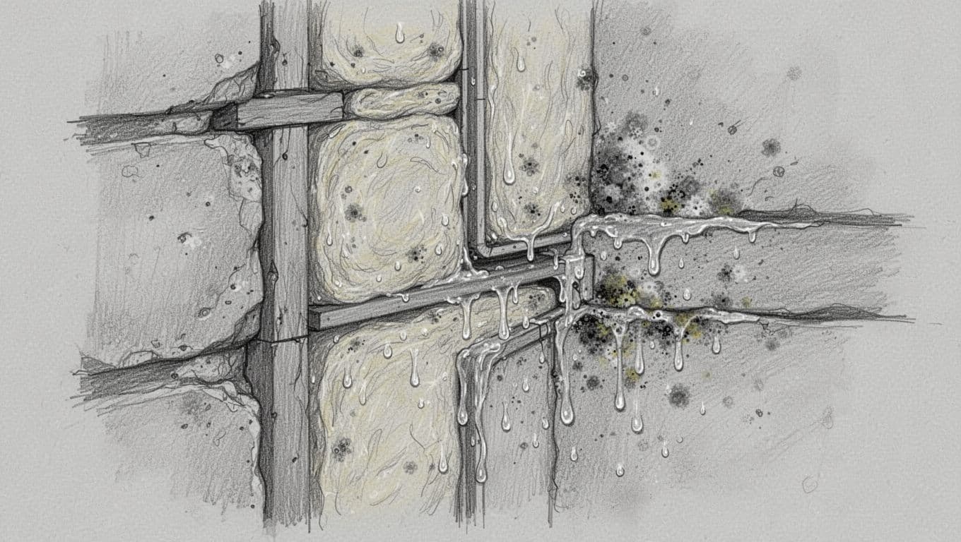 Handgezeichnete technische Schnittansicht einer Außenwand in einem Altbau mit Innenwanddämmung, sichtbarer Wärmebrücke an der kalten Außenwand, kondensierender Feuchtigkeit und potenziellem Schimmelrisiko.