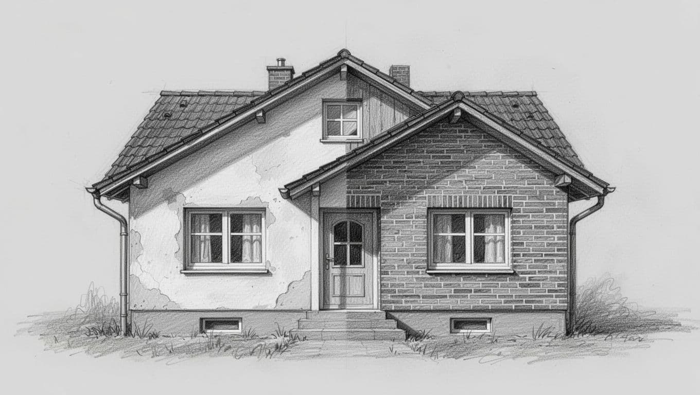 Hand-drawn graphite sketch of a traditional old German bungalow exterior comparing WDVS smooth putz insulation on one side and clinker bricks on the other, with light shading for depth on a clean light gray background.