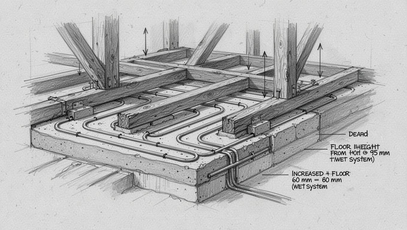 Hand-drawn graphite sketch of an old Altbau wooden beam floor cross-section during underfloor heating retrofit, highlighting structural challenges including joists, screed grooves, insulation, 60-95mm height build-up, and statik load arrows on beams.