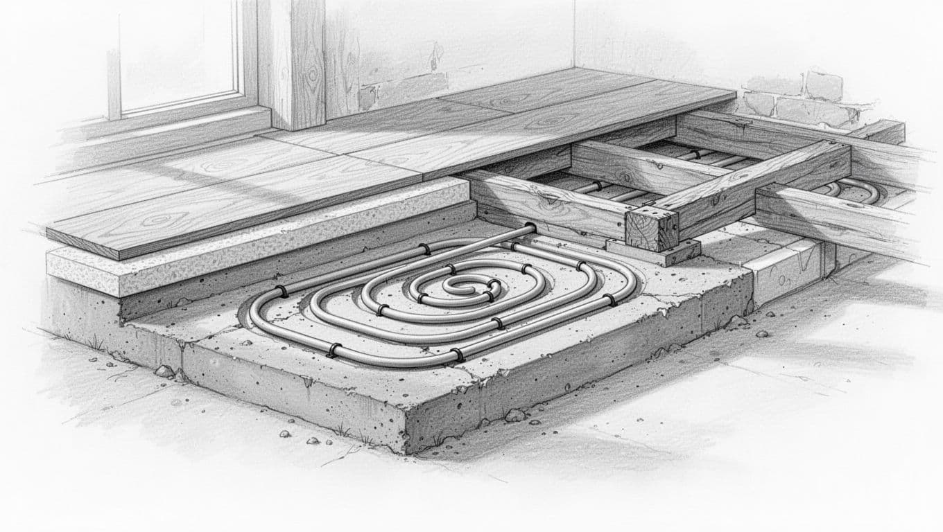 Hand-drawn graphite sketch of old wooden beam floor cross-section retrofitted with water-based underfloor heating via milling method, showing grooves in screed for spiral pipes, insulation, floorboards, and joists with no height increase.