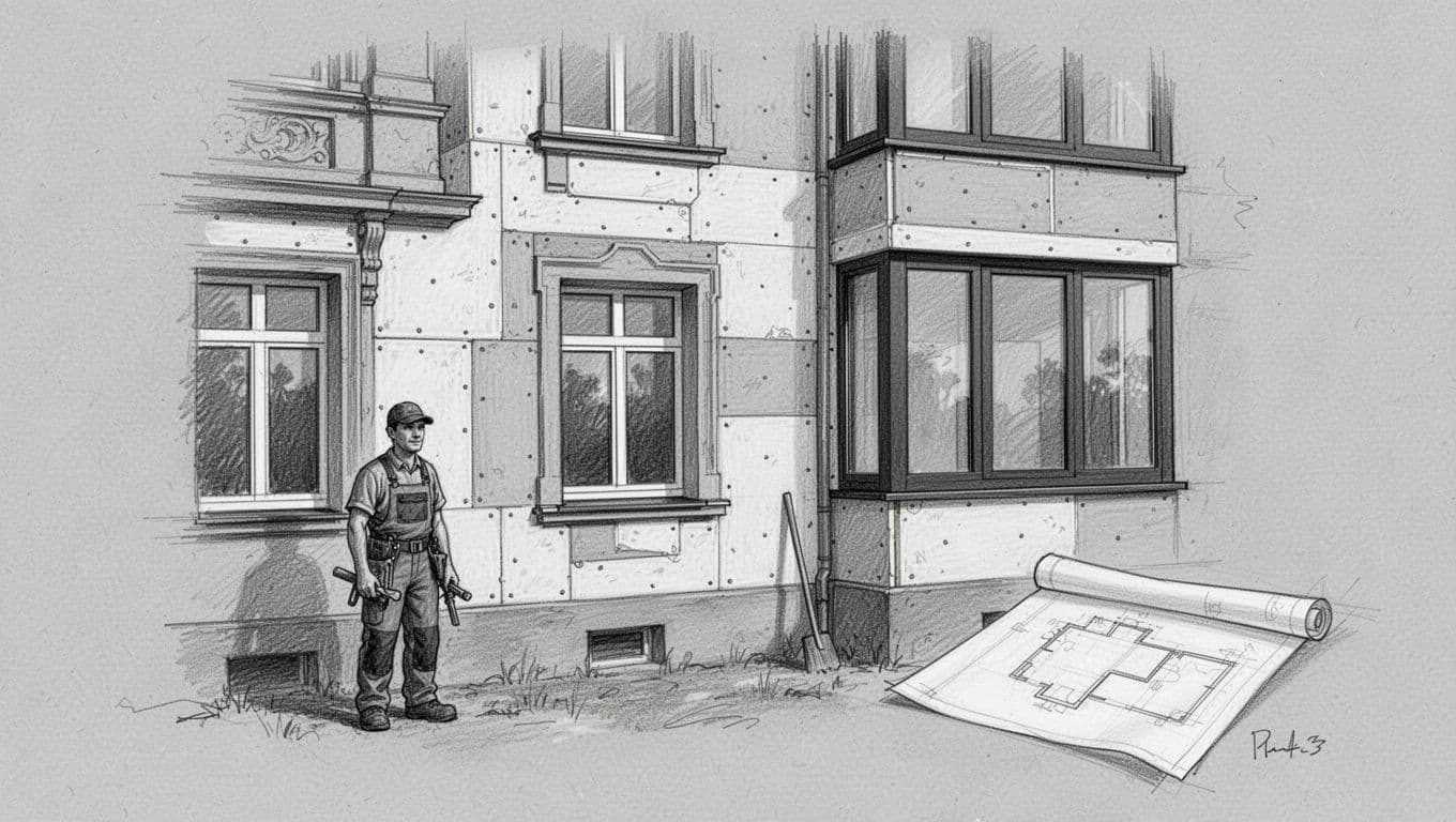 Hand-drawn graphite sketch depicting an old German Altbau house exterior where a worker installs new facade insulation and modern windows for an energy efficiency upgrade, with subtle energy class labels on nearby plans.
