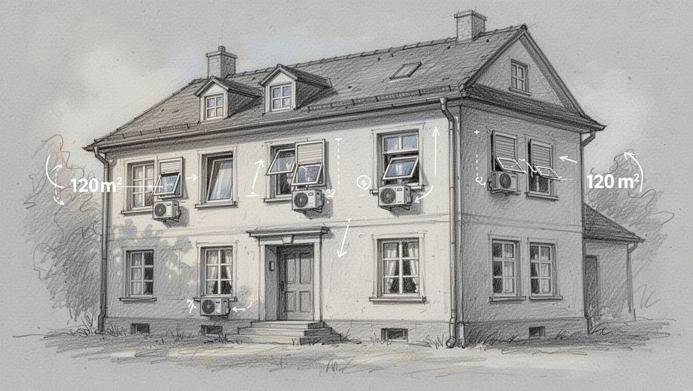 Hand-drawn graphite sketch of a typical 120 m² old building house exterior featuring multiple windows with single room ventilation units, subtle cost labels from 5000 to 12500 €, and a nearby calculator icon on light gray paper background.