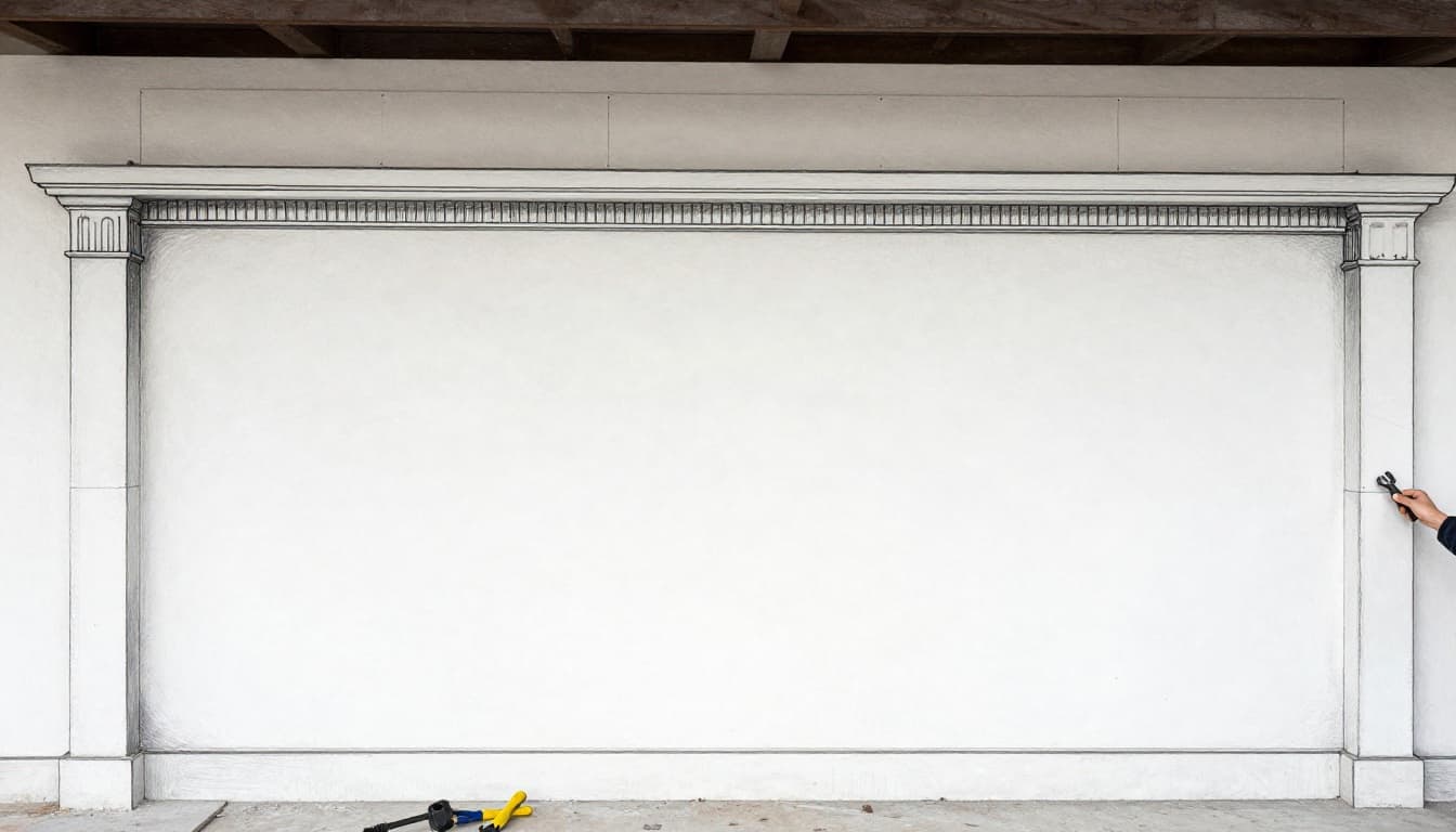 Handgezeichnete Skizze einer Altbau-Innenwand mit installierten Kalziumsilikat-Dämmplatten, sichtbarer Plattenstruktur, trockener Mauer, Werkzeugen daneben und einer Person mit zwei Händen in graphite Linework mit leichter Schattierung auf weißem Hintergrund.