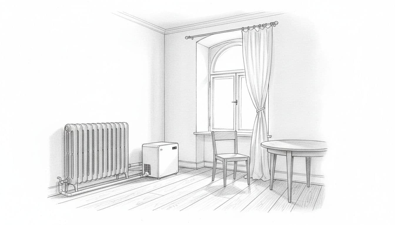 Graphite sketch of old apartment interior with classic radiator connected to corner heat pump unit, wooden floor, large curtained window, table and chair.