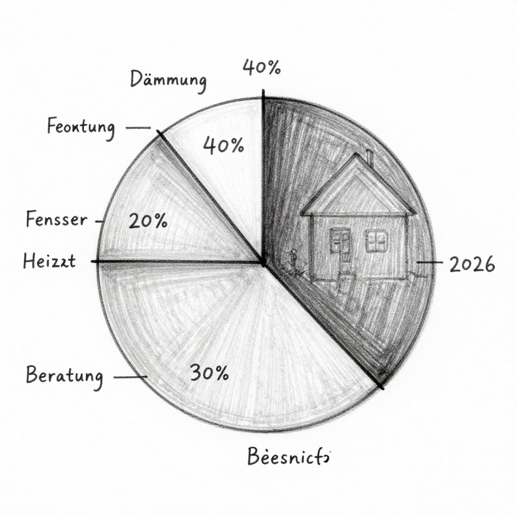 Graphite sketch of central pie chart with four slices and simple house background on white paper.