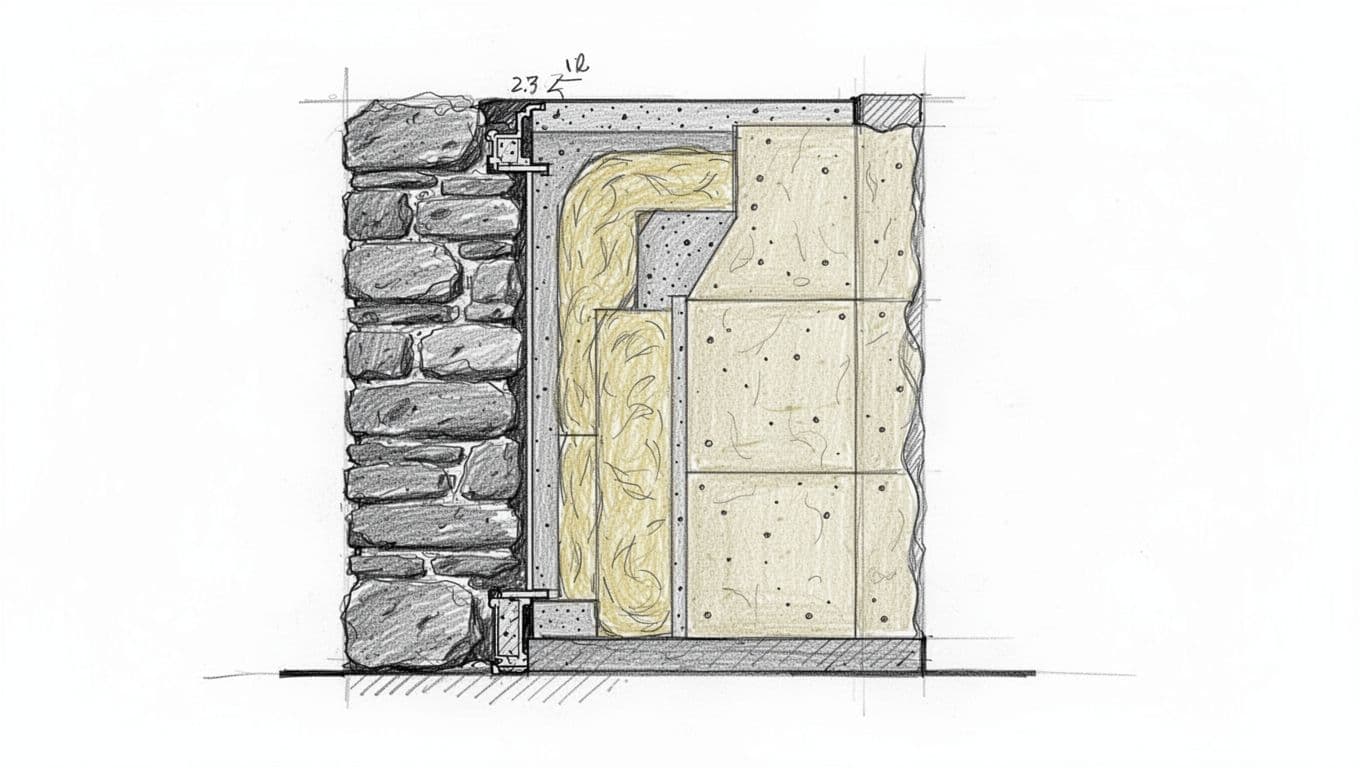 Hand-drawn cross-section sketch of historic stone wall with mineral wool insulation layer added inside.