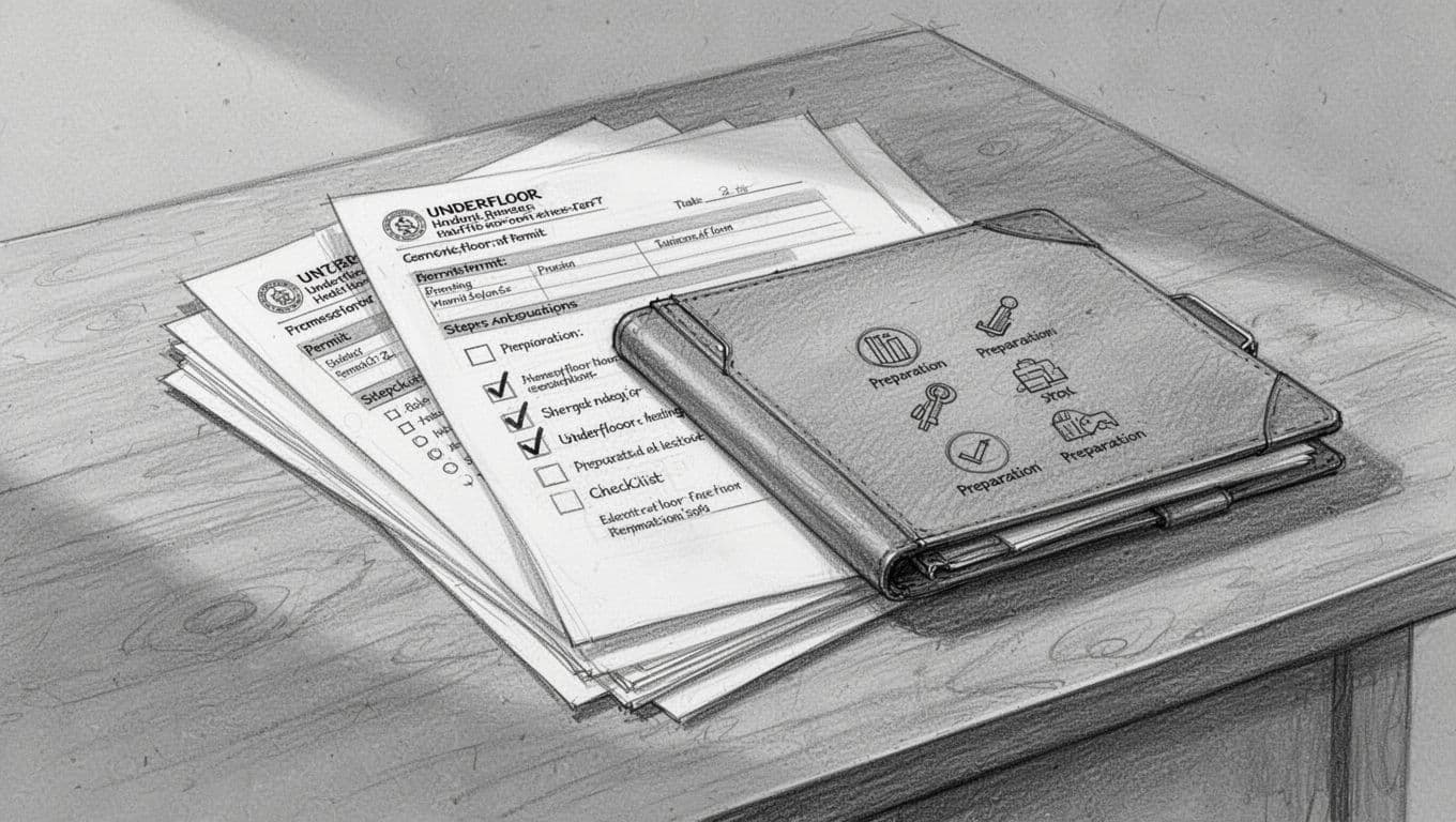 Hand-drawn graphite sketch of legal documents stack for underfloor heating retrofit in Altbau, including DIN norms, building permit, checklist, and step icons on a wooden desk with light shading.