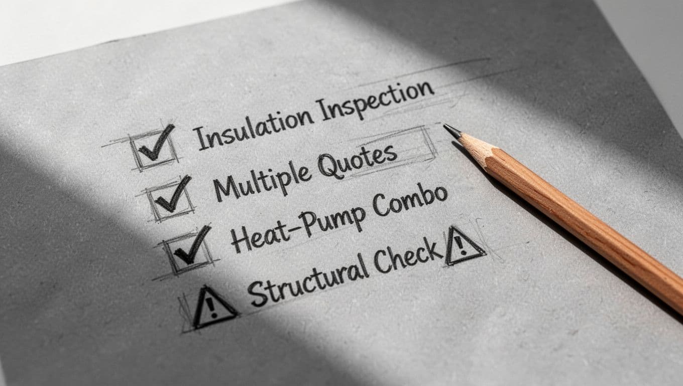Hand-drawn graphite sketch of a symbolic checklist on paper for avoiding common pitfalls in retrofitting underfloor heating in old buildings (Altbau), featuring icons for insulation check, multiple quotes, heat pump combo, and statics verification, with checkmarks, warnings, and a pencil.