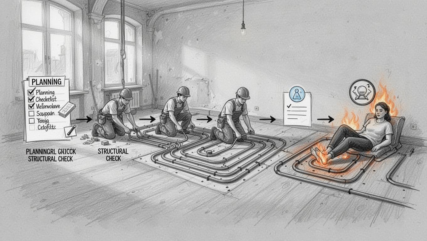 Hand-drawn graphite sketch on light gray paper illustrating a step-by-step timeline for retrofitting underfloor heating in an old Altbau apartment, from planning checklist and statik check to installation, funding icons, and enjoying warm feet.