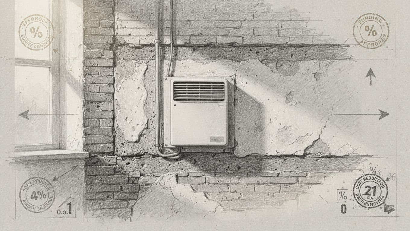 Hand-drawn graphite sketch on white paper depicting a cross-section of an old building wall with single room ventilation unit installed, overlaid with KfW and BAFA subsidy stamps, euro percentage signs up to 40%, and arrows showing cost reduction.