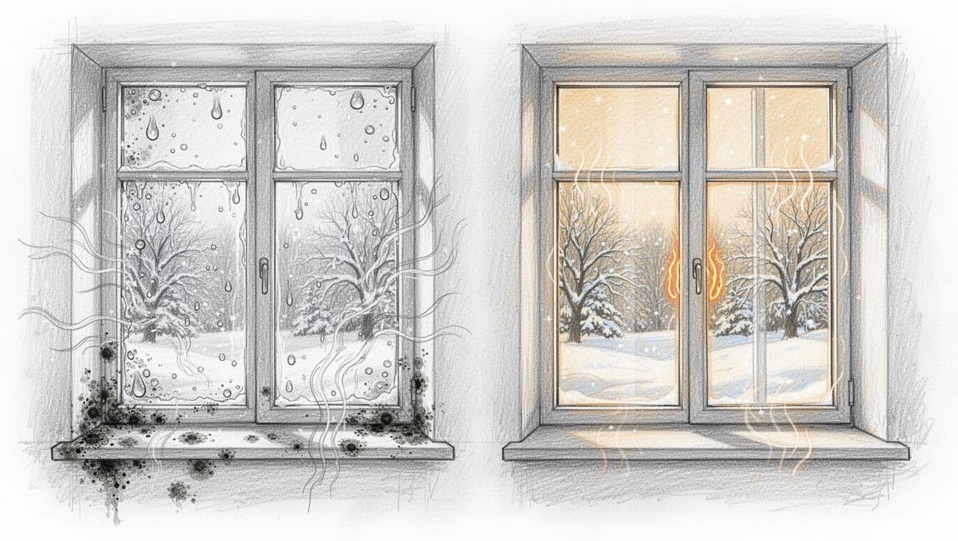 Hand-drawn pencil sketch comparing old double glazing with heavy condensation, mold, and drafts to new triple glazing with dry panes and heat retention in side-by-side Altbau windows against a snowy winter landscape.