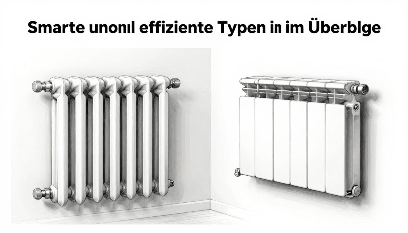 Side-by-side hand-drawn graphite sketch of a sleek finned aluminum radiator (left) and compact flat panel radiator (right), mounted on plain walls in a simple room interior with light shading for depth.