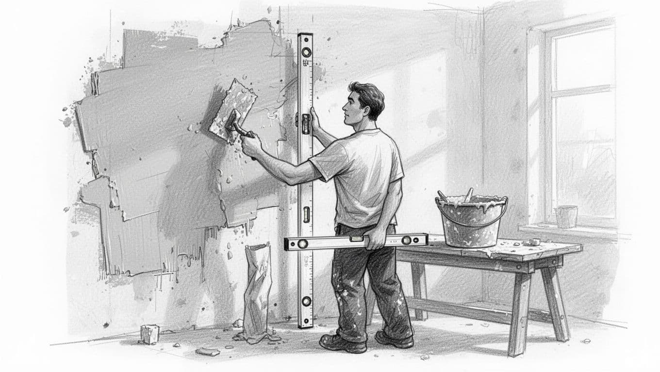 Hand-drawn graphite sketch of a person applying the first thick layer of plaster to an interior wall using a trowel, checking vertical alignment with a nearby spirit level, workbench and mixing bucket in background.