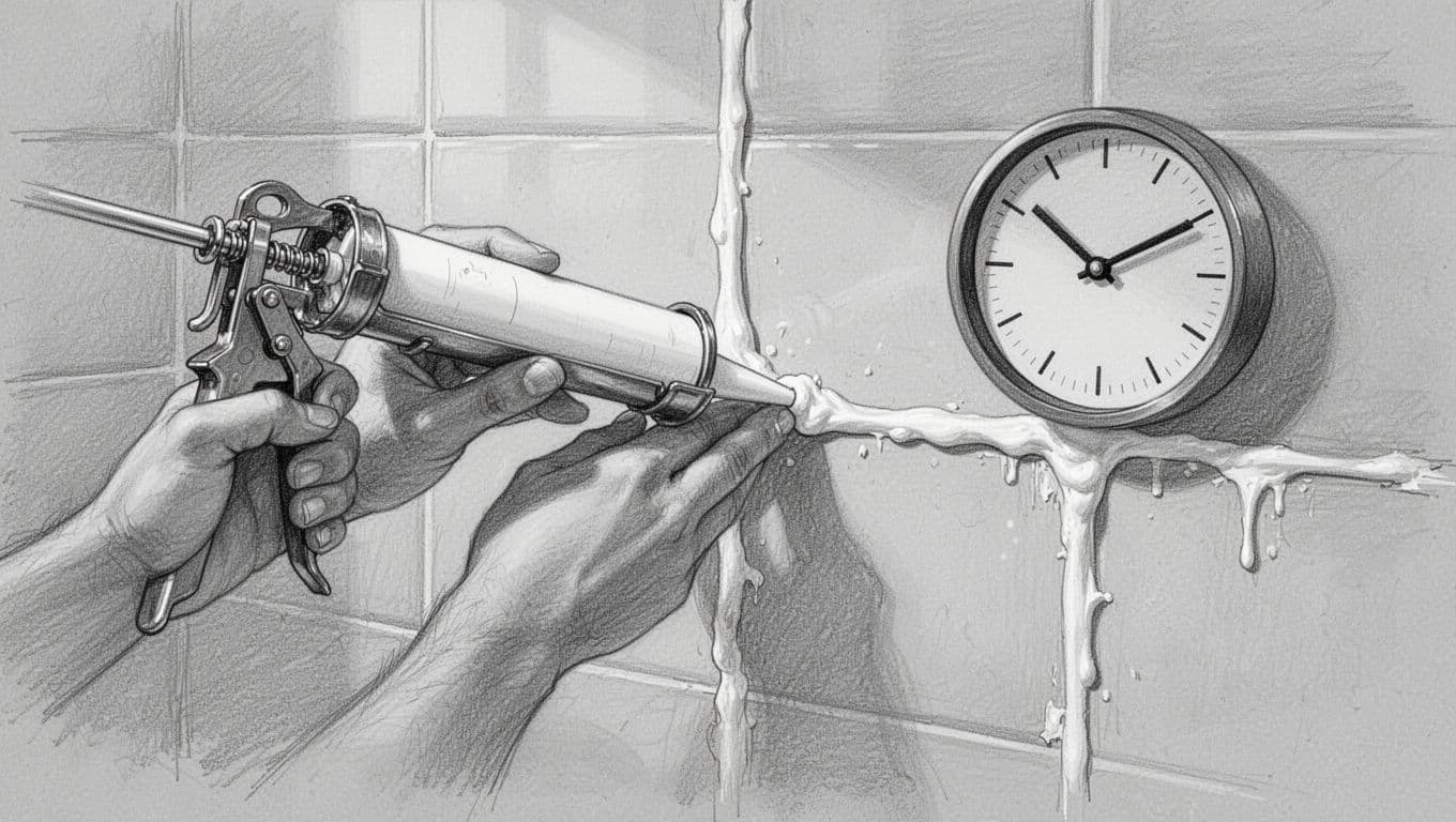 Hand-drawn graphite sketch of a person applying white silicone caulk to freshly painted bathroom tile joints with a caulking gun, featuring a nearby clock showing 10-14 days curing time, smooth finished tiles in background on light gray paper.