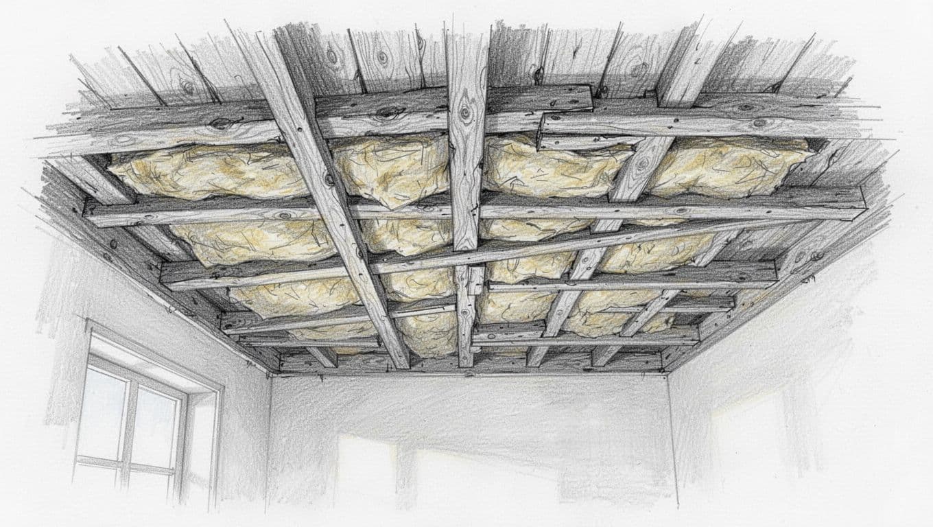 Cross-section sketch of wooden beams with mineral wool insulation visible from below.