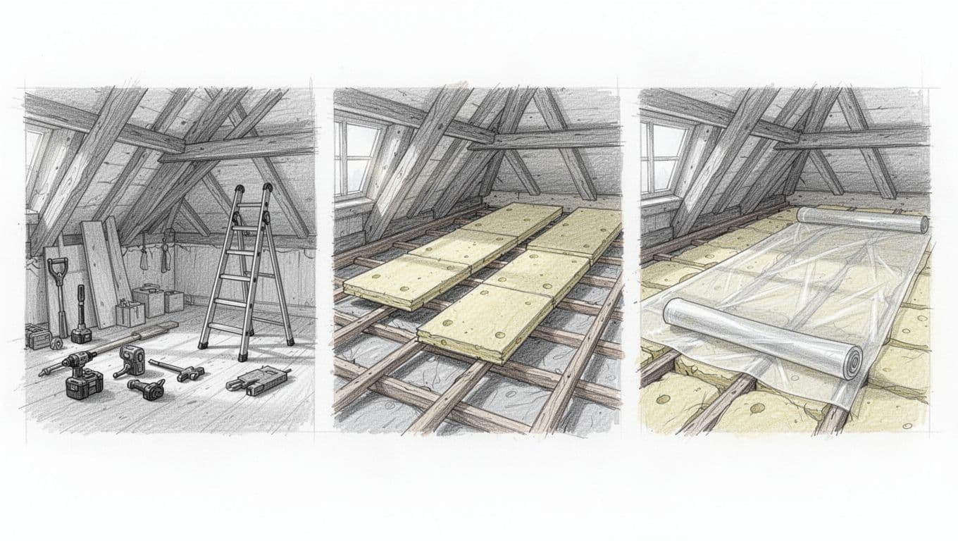 Three-panel hand-drawn sketch shows attic preparation with tools, insulation panels between beams, and vapor barrier finish.