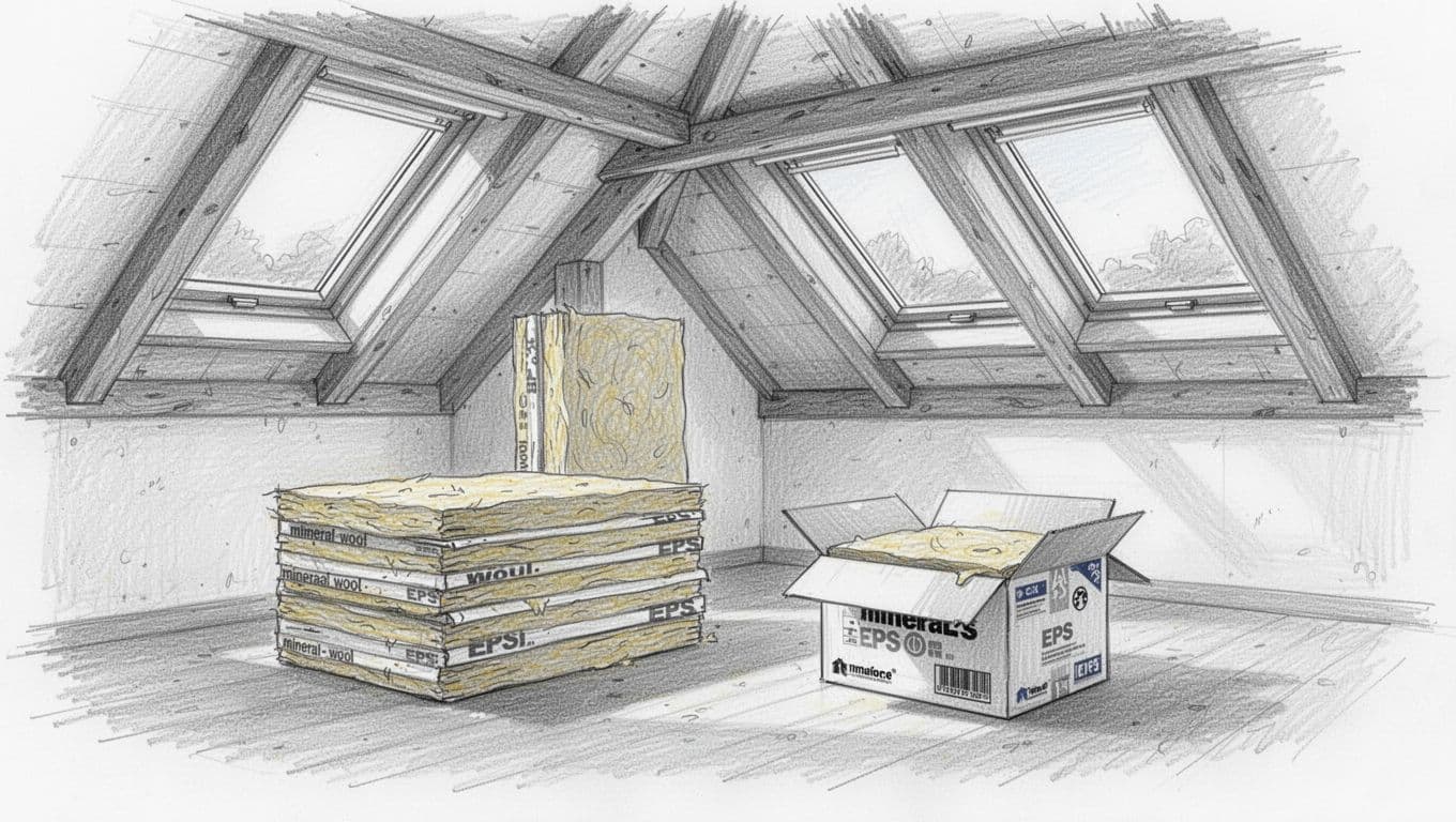 Hand-drawn sketch of old attic room with stacks of mineral wool and EPS panels beside ceiling, open packaging, light from dormer window.