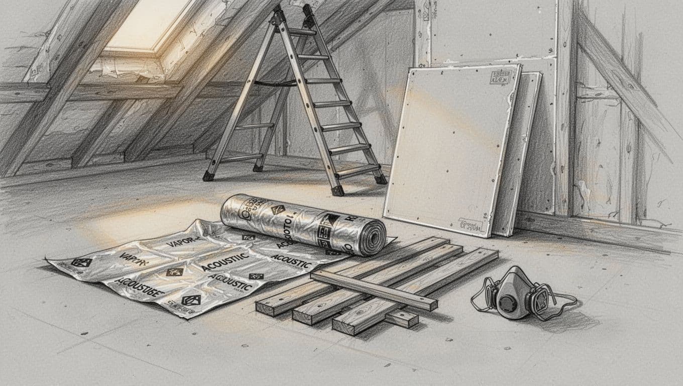 Hand-drawn graphite linework sketch of an attic workspace with insulation tools and materials laid out on the floor, including vapor barrier sheet, acoustic foil roll, wooden battens, gypsum board, dust mask, and ladder.