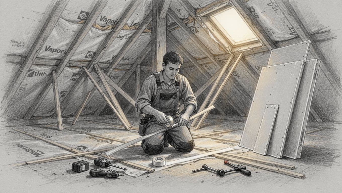 Hand-drawn graphite sketch of a person in an attic sealing joints between insulation with tape on vapor barrier over rafters and installing wooden latten strips for a 2-3 cm ventilation gap, with gypsum board sheets nearby.