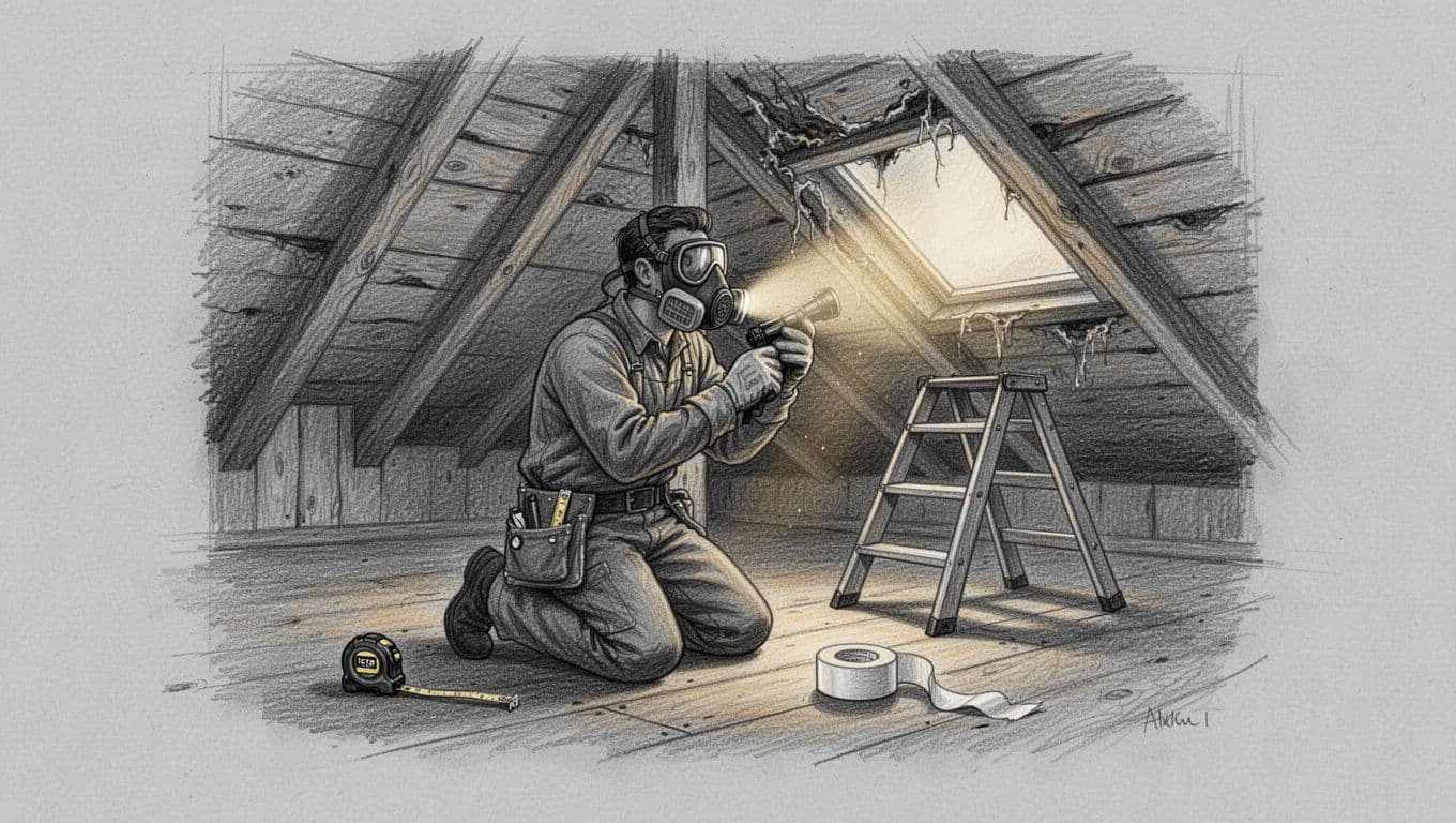 Hand-drawn graphite sketch of a person wearing a respirator mask and work gloves, kneeling in an attic to inspect wooden roof rafters for leaks using a handheld flashlight, with repair tape, ladder, and tape measure nearby.