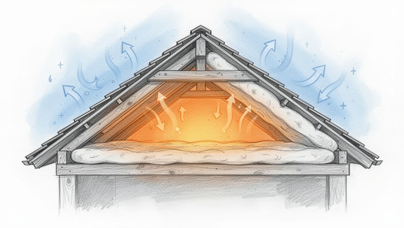 Hand-drawn graphite sketch of a house attic cross-section showing single-layer insulation between rafters trapping warm orange-glow air inside while blocking cold blue-toned air outside, with heat arrows illustrating retention.