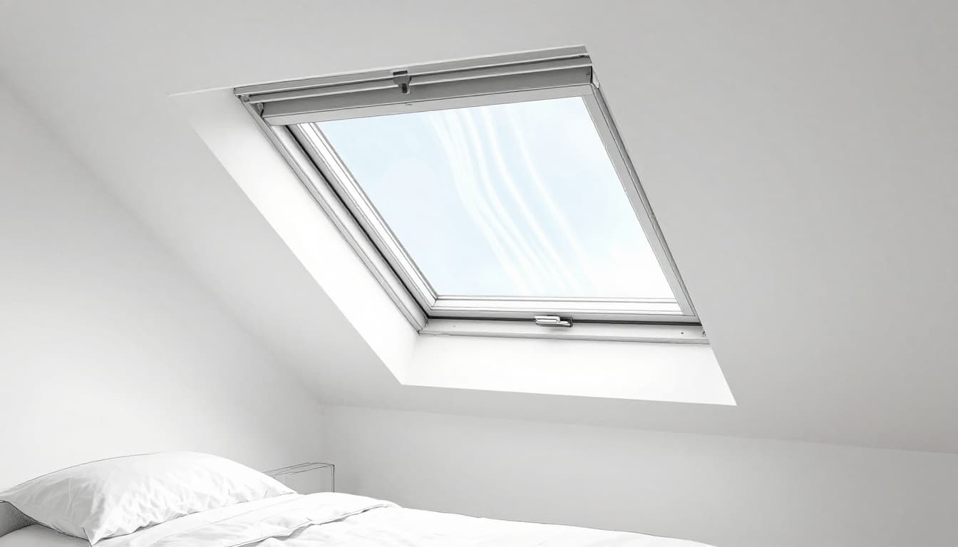 Hand-drawn graphite sketch of an attic room with an open tilt-turn skylight window demonstrating natural air circulation: warm air rising out through the top, cool air entering from the bottom, breeze shown by moving curtains, simple bed and chair, clean white background.