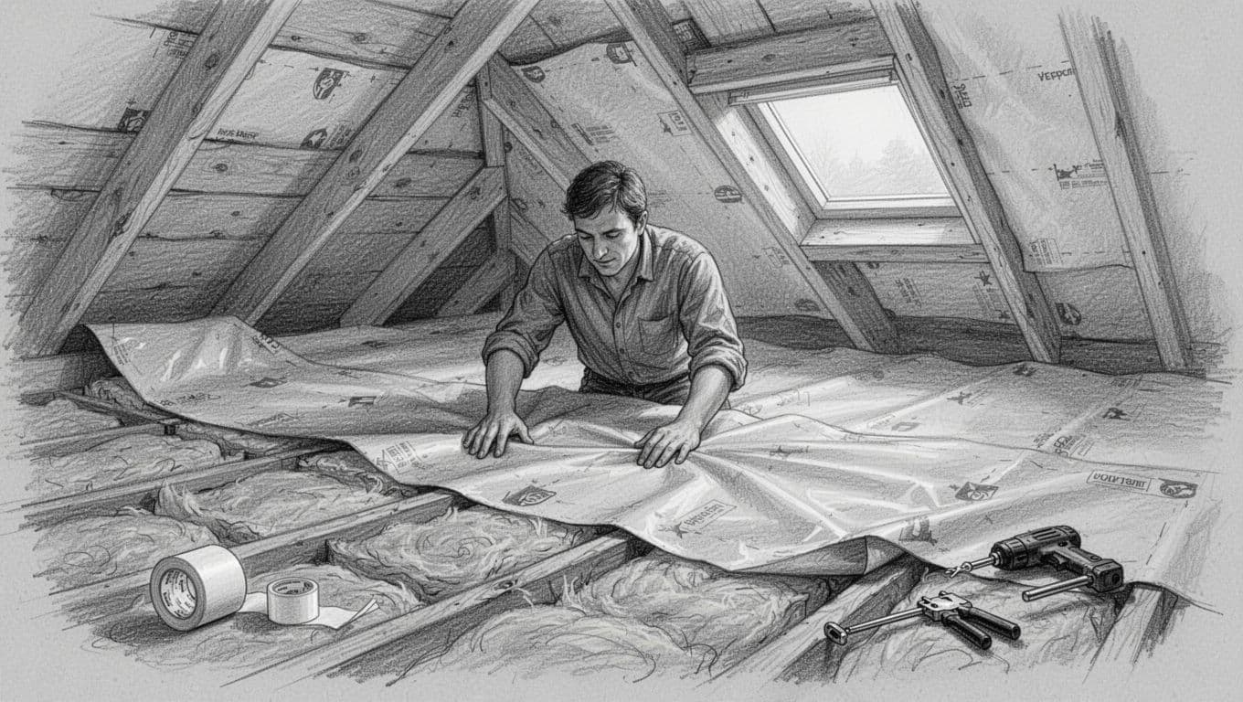 Hand-drawn graphite sketch of one person in an attic installing a seamless vapor barrier sheet over mineral wool insulation between wooden rafters to prevent moisture and mold, illustrating dry warm interior air blocked from cold exterior.