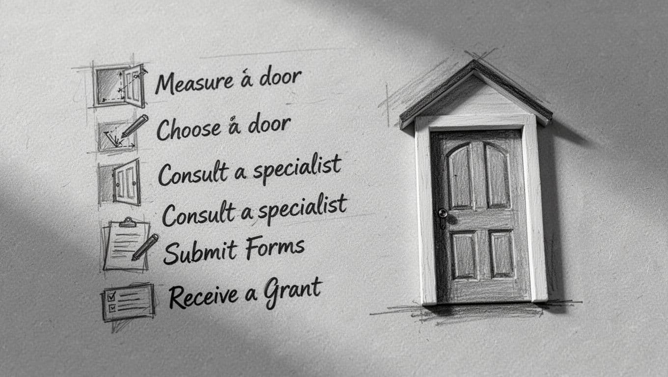 Hand-drawn graphite sketch on light gray paper illustrating the BAFA funding application process with a checklist of icons for measuring door, selecting door, hiring specialist, submitting forms, and receiving grant money, plus a simple house door model.