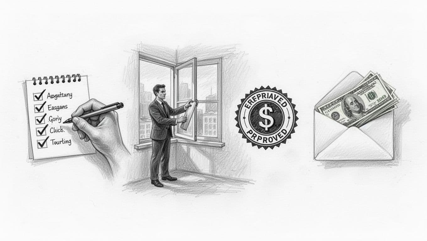 Hand-drawn graphite sketch depicting a simple step-by-step funding application process for BAFA home renovation grants, with icons for checklist, certified window installation, subsidy approval stamp, and money envelope on a clean white background.