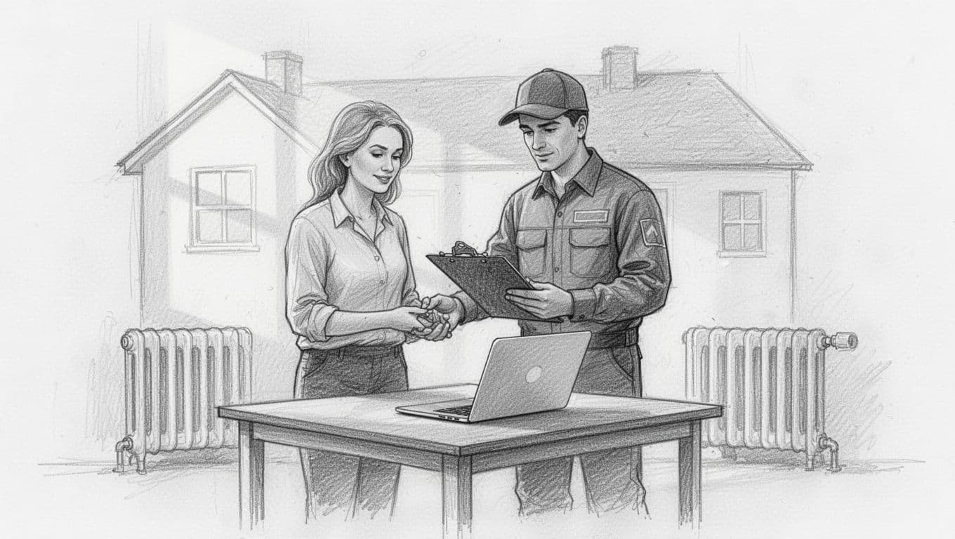 Hand-drawn graphite sketch on white paper showing a step-by-step flowchart for BAFA funding application: homeowner consulting heating technician, technician filling form on clipboard, online portal submission, approval stamp, with simple house and heating symbols, light shading, exactly one person visible, no additional humans, no text or labels, clean composition.