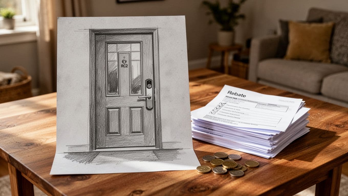 Hand-drawn graphite sketch on light gray paper depicting a table with BAFA funding paperwork, checklist, rebate documents, and a scale model of a modern insulated front door with RC2 lock. Stack of coins or rebate envelope nearby implies warm home setting, with light shading, no people, text, logos, or watermarks.