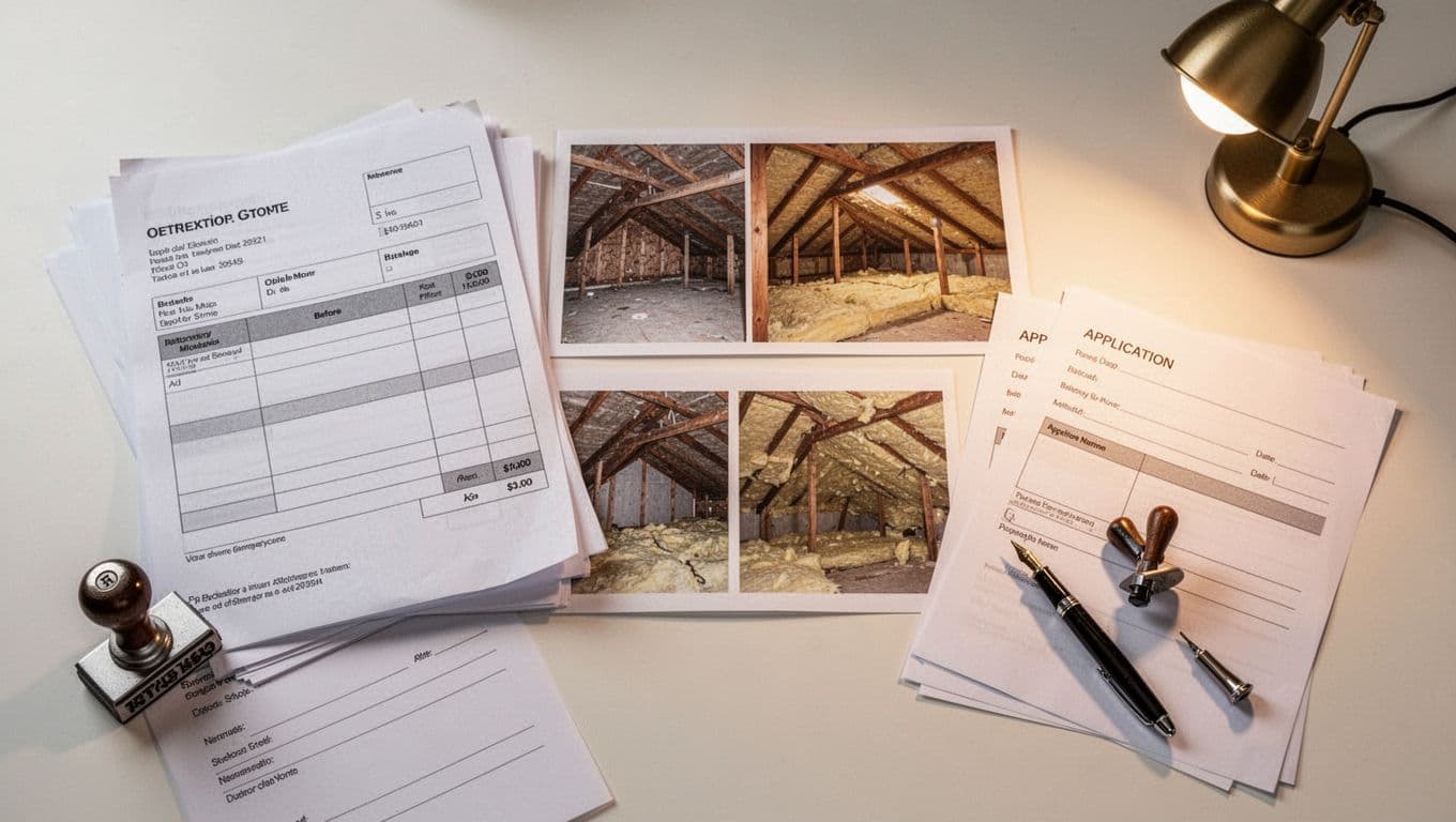 Hand-drawn graphite linework sketch of funding application documents including invoices, before-after attic insulation photos, BAFA and KfW forms on a home office desk with pen, stamp, and cozy lamp.