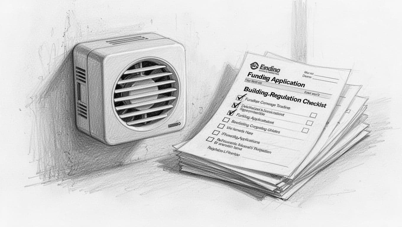 Hand-drawn graphite sketch of stacked funding application documents featuring BAFA and KfW icons, with a building regulation checklist beside a compact decentralized ventilation unit on a wall, on a clean white paper background with subtle shading.
