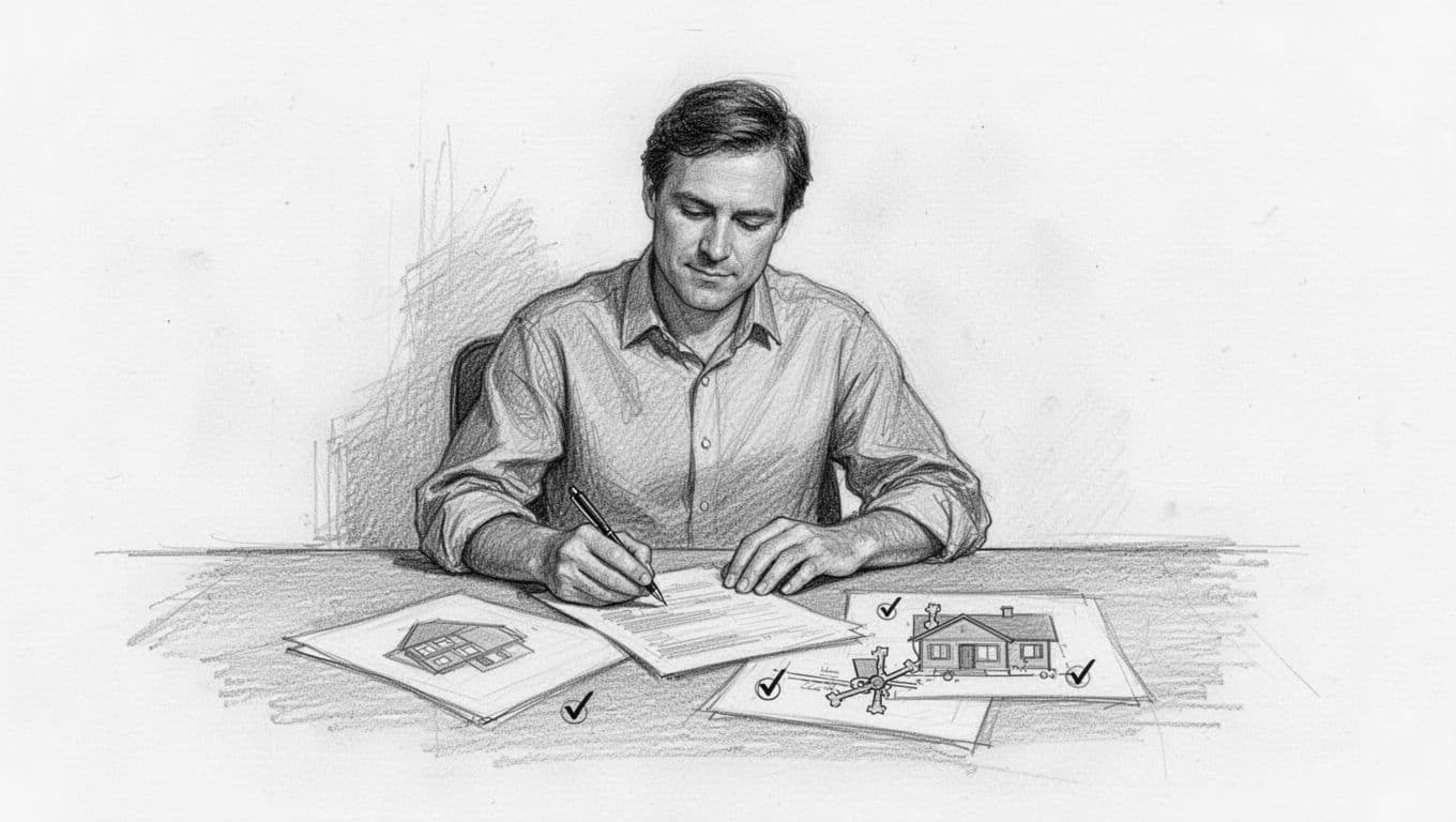 Hand-drawn graphite linework sketch of a homeowner at a desk filling out funding application forms for BAFA and KfW grants for home insulation retrofit, including icons of a house, thermal bridge diagram, and approval checkmarks, on a clean white background with light shading.