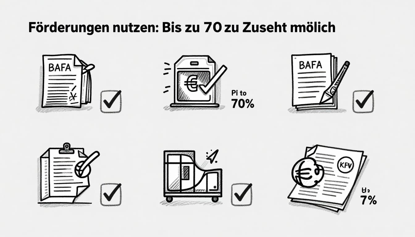 Hand-drawn graphite sketch of three icons representing BAFA and KfW funding programs for heating retrofits, featuring percentage savings up to 70%, euro symbols, checkmarks, and paperwork stacks on a light gray background with clean linework and light shading.