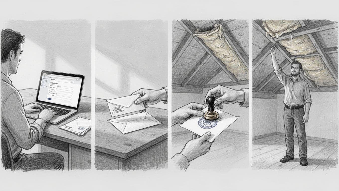 Handgezeichnete Graphitskizze auf hellem Grauhintergrund mit vier sequentiellen Panels zur BAFA-Zuschussbeantragung: Onlineformular ausfüllen, Absenden, Genehmigung und Dachbodendämmung.