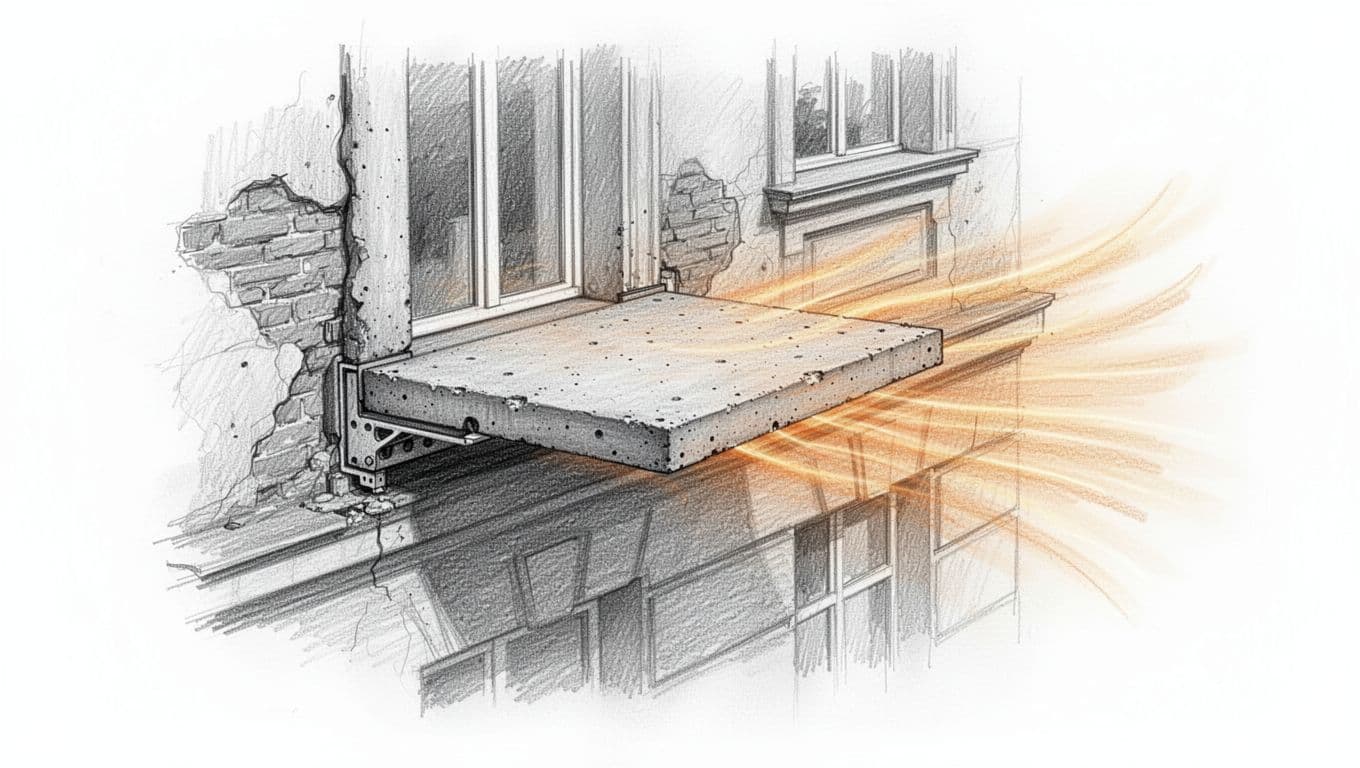 Hand-drawn graphite linework sketch of balcony slab connection to old building facade, showing thermal bridge with heat flow lines as concrete conducts cold into the wall, cross-section view with light shading.
