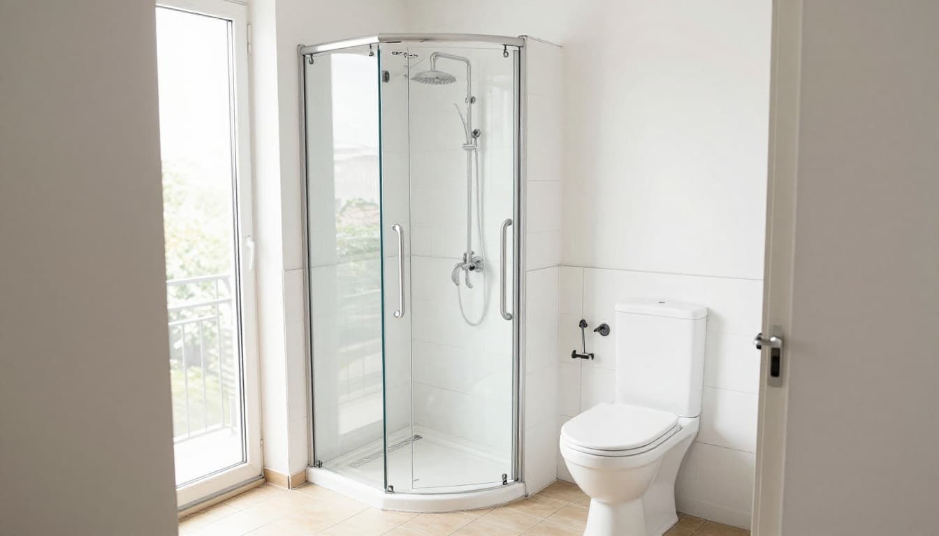 Hand-drawn graphite sketch of a barrier-free bathroom with level-entry shower, grab bars, wide doorframe without threshold, and spacious wheelchair-accessible layout on tiled floors.