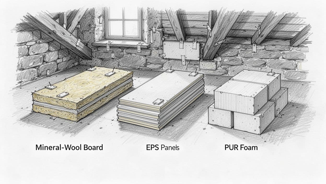 Hand-drawn sketch of mineral wool panels, EPS panels, and PUR foam stacks on old basement ceiling.