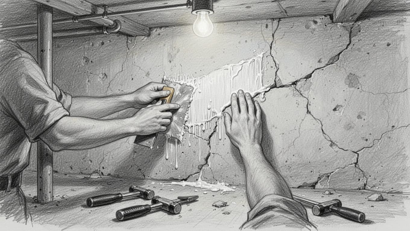 Hand-drawn graphite sketch of a person incorrectly applying sealant over loose, damp plaster on a basement wall without preparation, showing cracks and scattered tools.