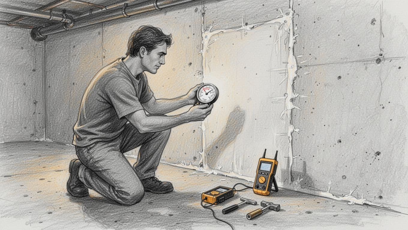 Hand-drawn graphite sketch of one person in a basement checking a hygrometer and inspecting a recently sealed wall, with a moisture meter nearby under warm light and light shading on a clean white background.