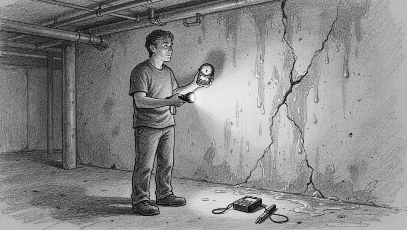 Hand-drawn graphite sketch depicting one person in a dimly lit basement using a hygrometer to measure humidity on a damp wall while checking cracks with a flashlight, with simple tools like a moisture meter on the floor and arrows indicating steps.