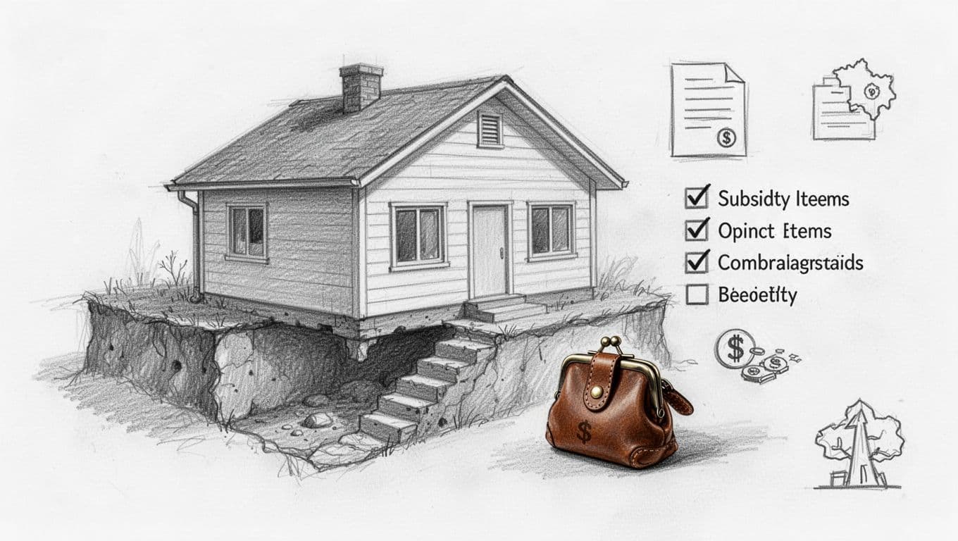 Hand-drawn graphite sketch on white background depicting funding for basement renovation with icons of house and basement, money pouch, application form, federal state symbols, and subsidies checklist.
