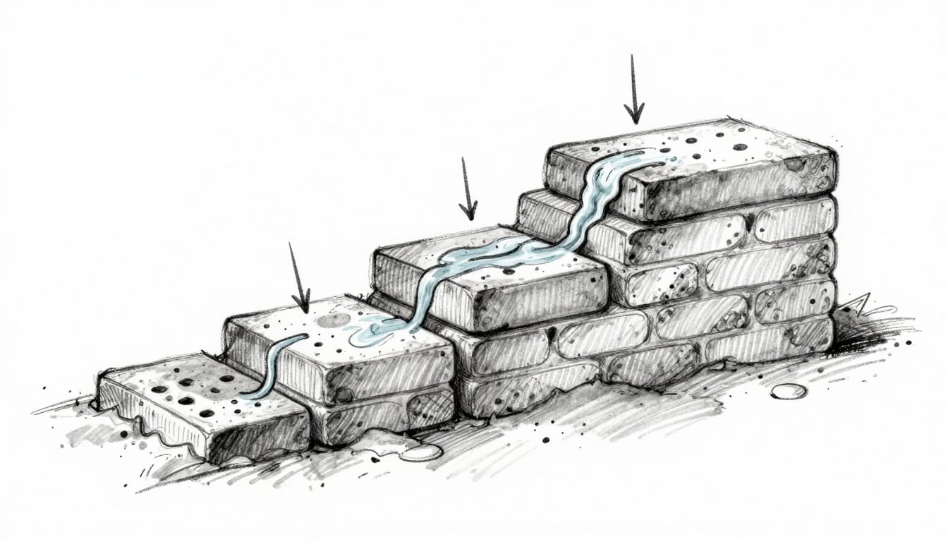 Hand-drawn graphite sketch on white background depicting cross-section of basement wall with water rising from wet soil through porous bricks via capillary action, forming damp patches, arrows indicate moisture path, simple composition with one wall visible.