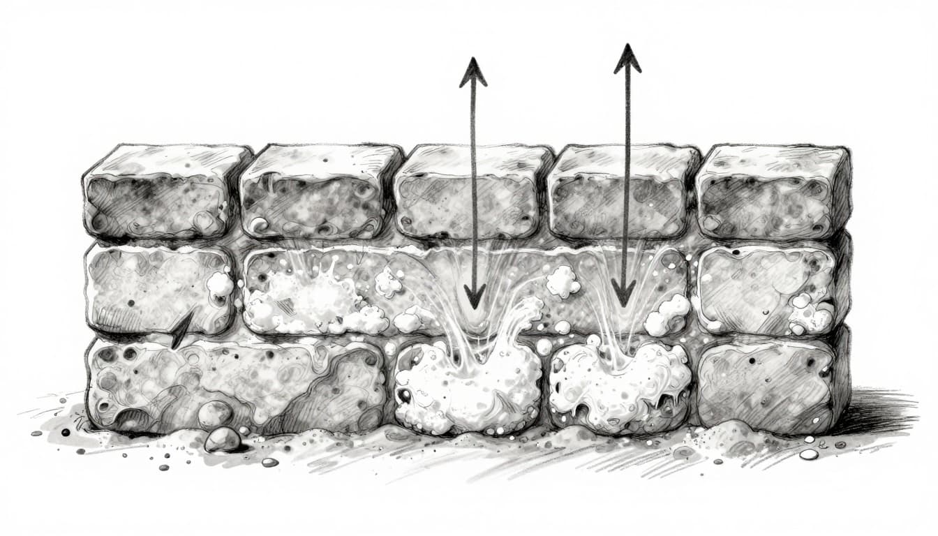 Vertical cross-section of masonry basement wall showing capillary moisture rising from wet ground through pores, with white salt efflorescences on the interior surface. Hand-drawn graphite sketch with light shading and arrows indicating upward water movement.