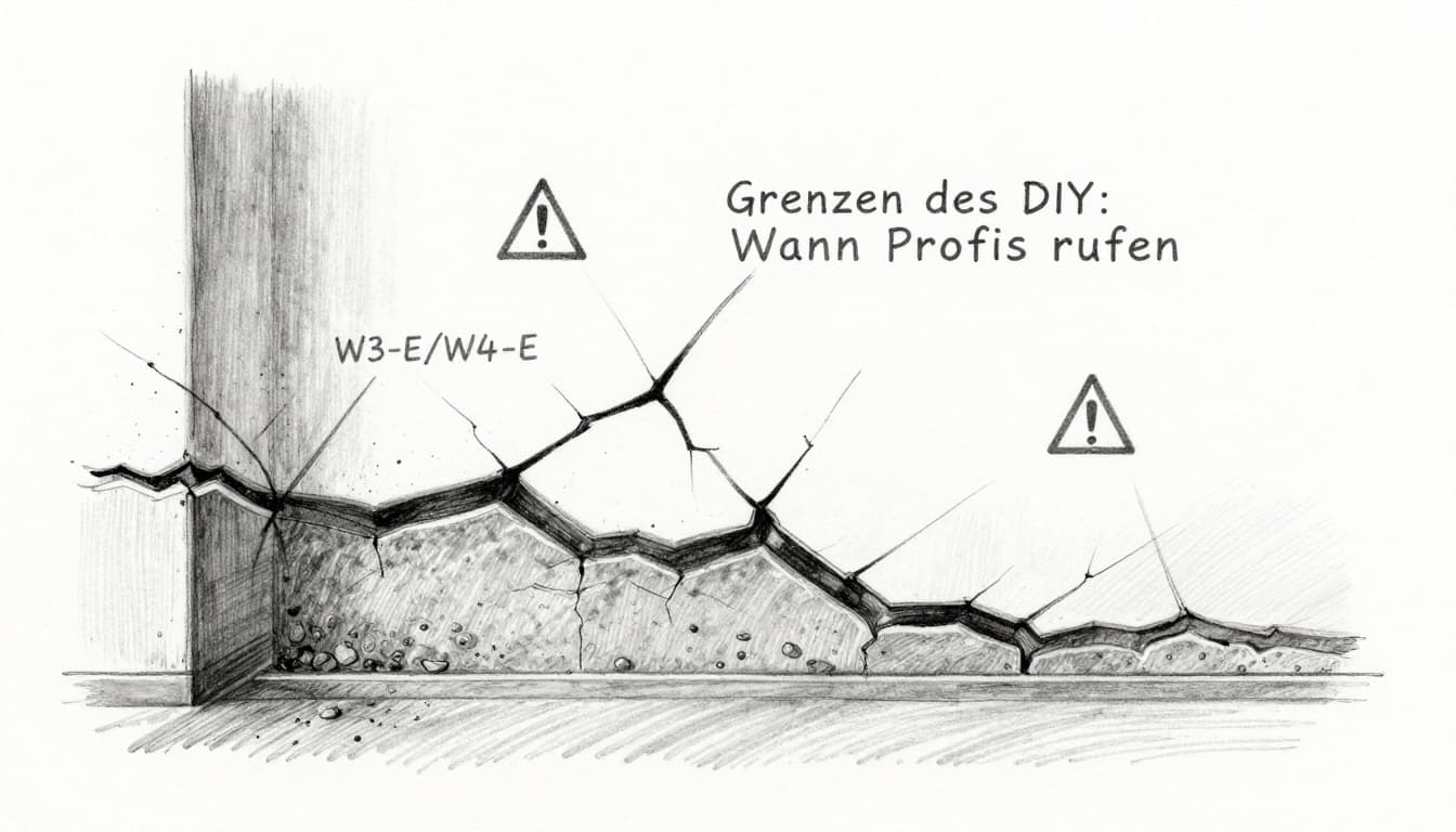 Hand-drawn graphite sketch on white background illustrating basement wall with large cracks, high water pressure W3-E/W4-E, uplift risk, warning symbols, and cross-section showing structural risks.