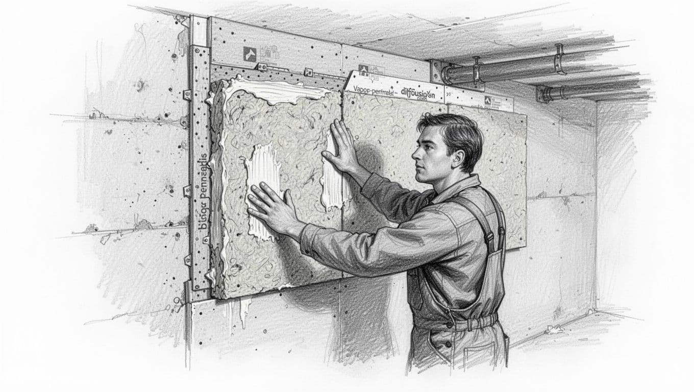 Hand-drawn graphite sketch of one person installing diffusion-open insulation panels like foam glass or mineral wool on a basement wall interior using adhesive, with vapor permeable layer in cross-section, warm light, and light shading on white background.